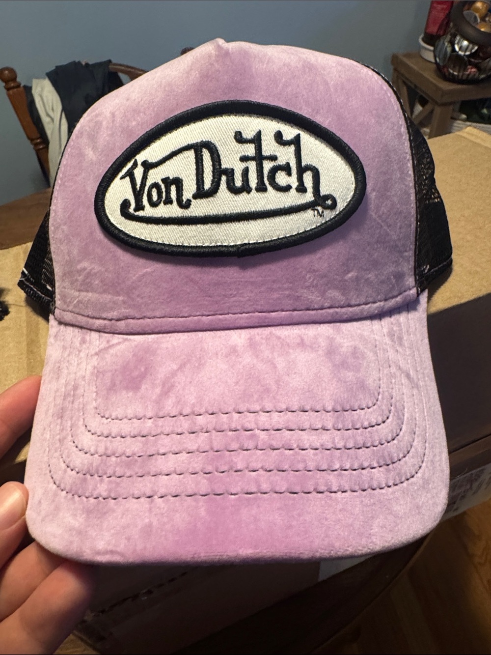 Von Dutch Lavender Suede Trucker Cap with Black Mesh